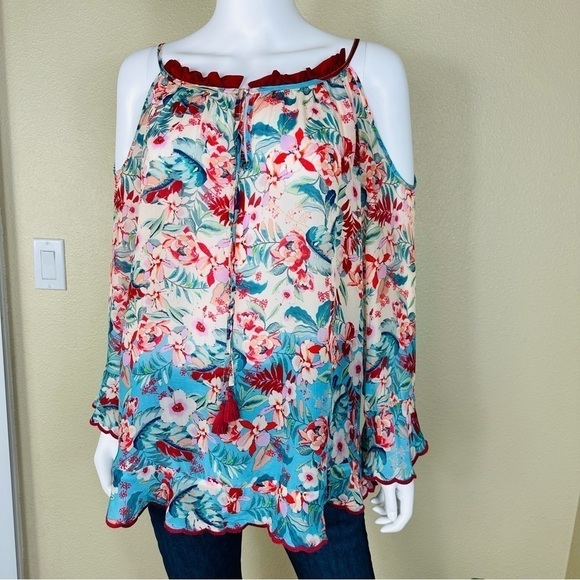 JOHNNY WAS Sz S Top Blue Floral Print Cold Shoulder - Picture 5 of 13